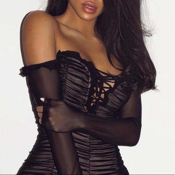 New•Black Sheer Ruched Ruffle Mesh•Mini Dress - Picture 1 of 7